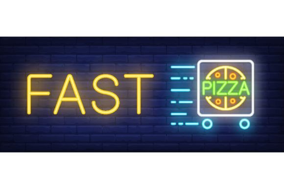 Fast Pizza Neon Sign: Cart with Pizza in for Delivery Branding