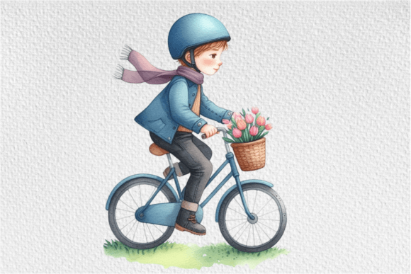 Watercolor Clipart Riding Bicycle Flower: A Sweet Asset for Creative Projects